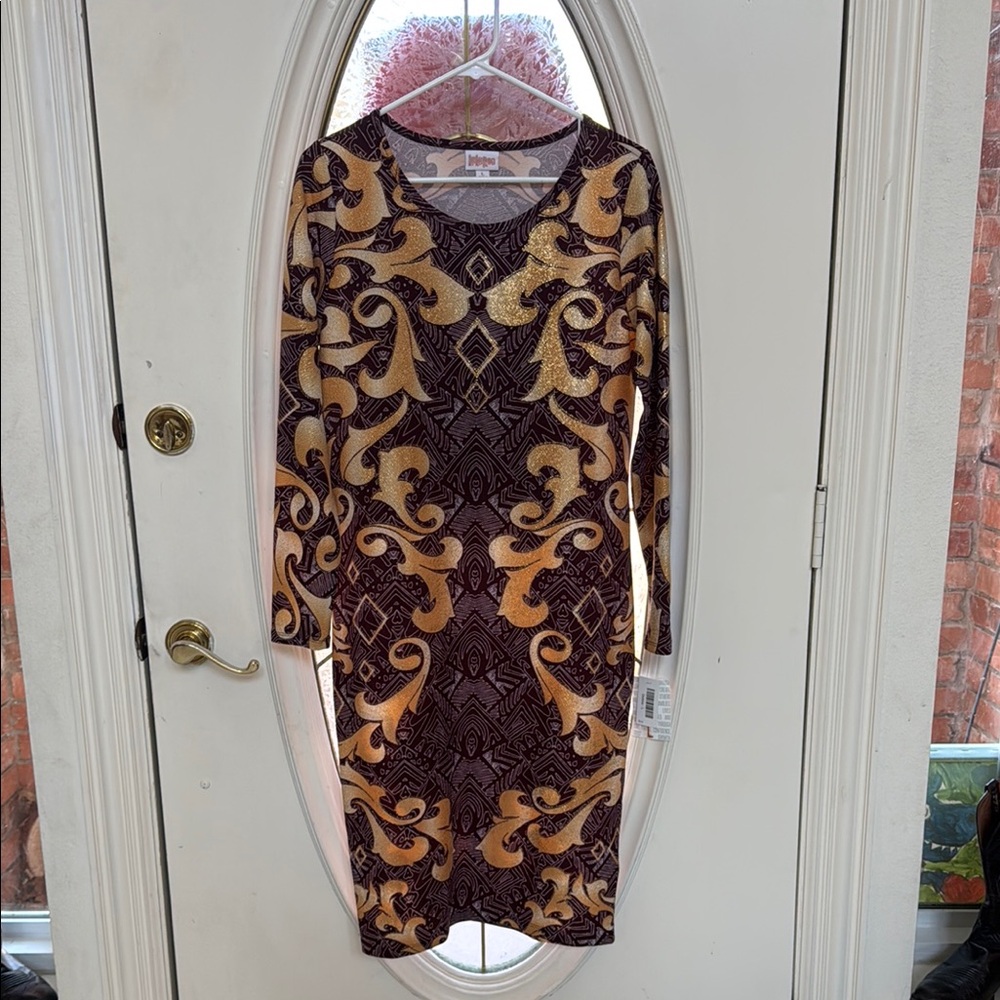 LuLaRoe Red and Gold Sheath Dress Long Sleeve Scoop Neck